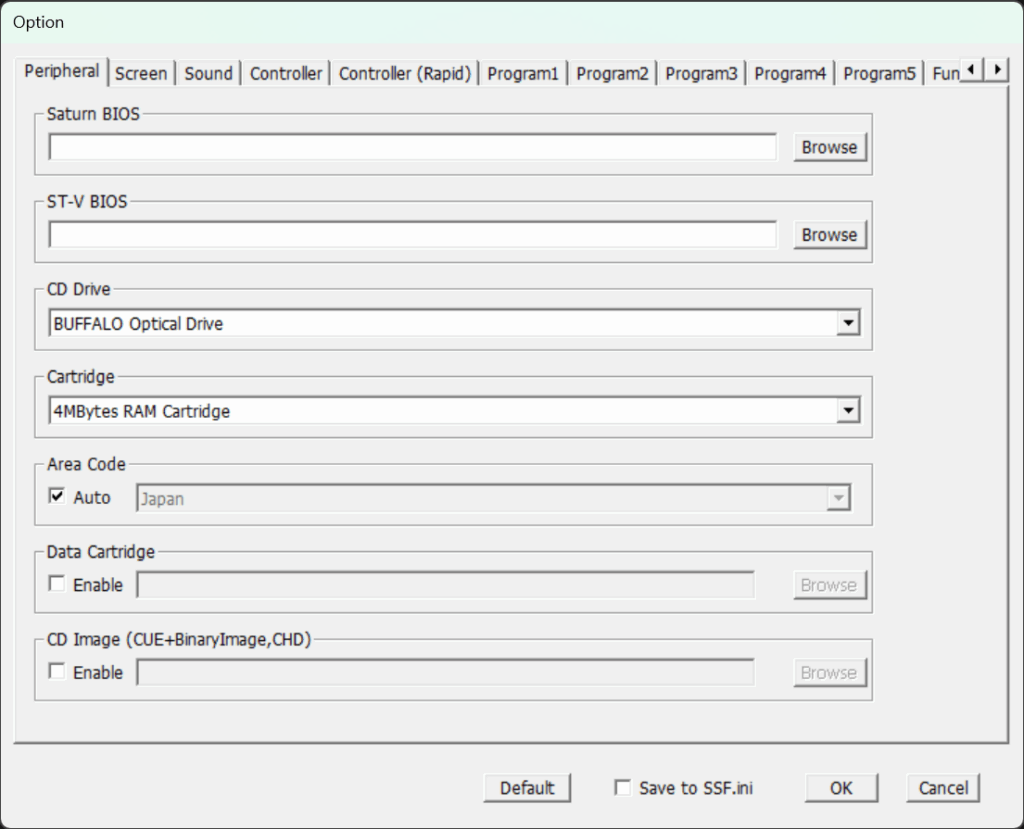 SSF Option window - Peripheral tab with CD Drive