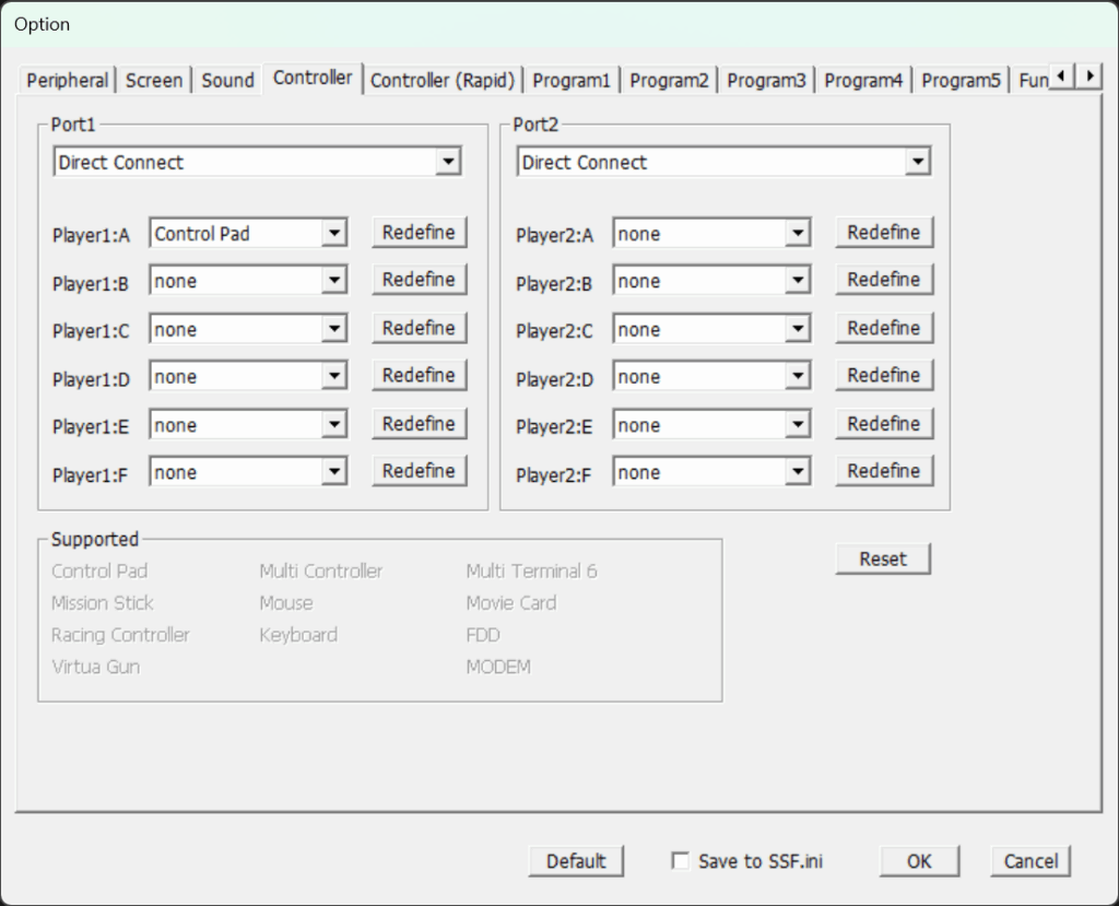SSF Controller tab - Port and button mapping