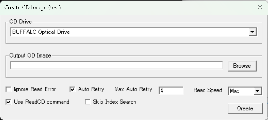 CreateCDImageの設定ウィンドウ