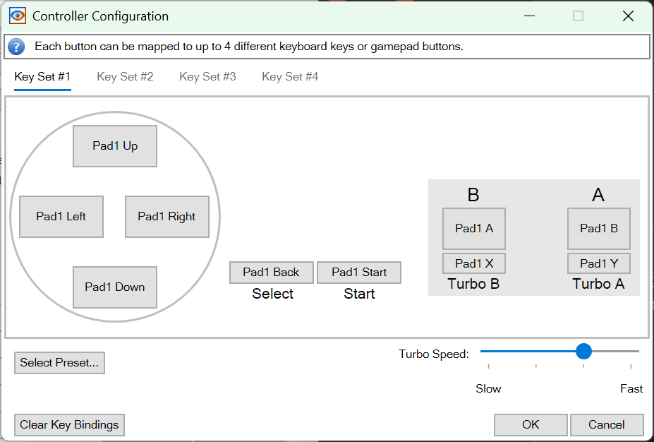 Controller Configuration:可配置 A/B/Select/Start 與 Turbo