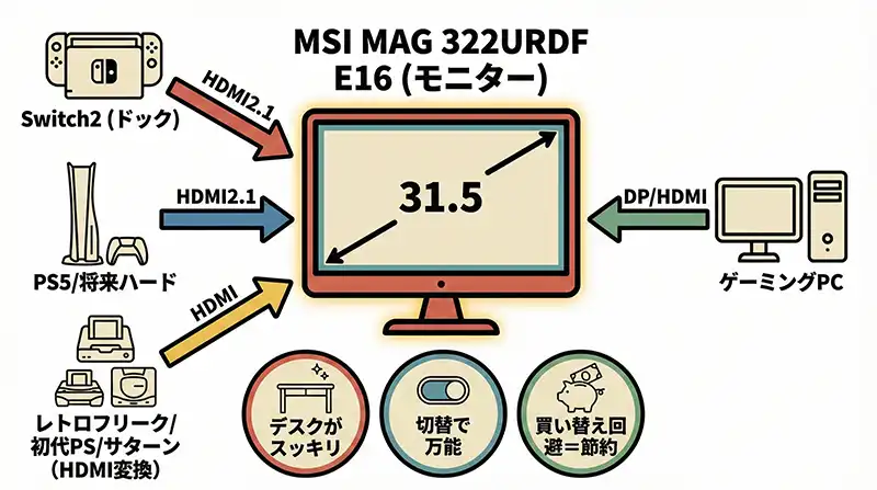 1台で全部つなぐ！Switch2×PC×レトロ機「兼用」配線ハブ図