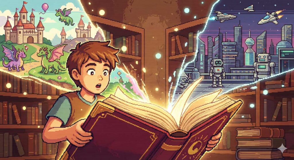 本の世界を旅するイメージ（AI生成の参考画像）