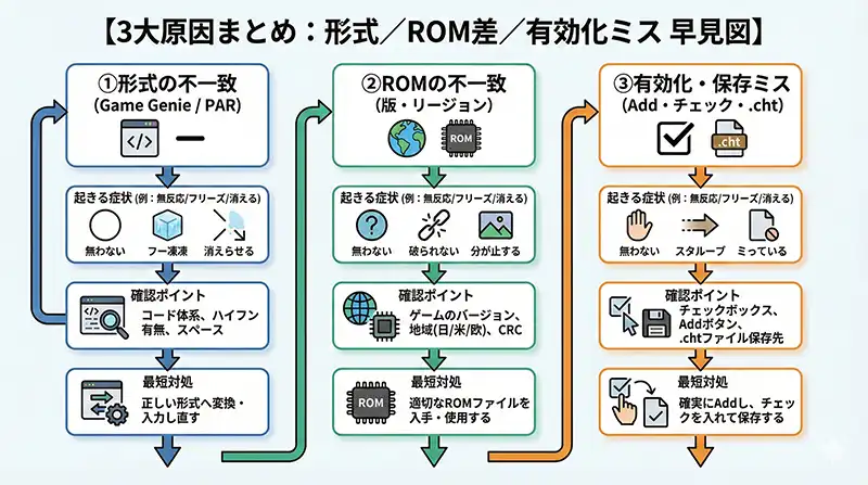3大原因まとめ：形式／ROM差／有効化ミス 早見図