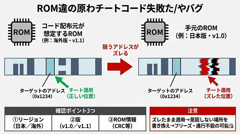 ROM差で効かない・バグる仕組み：アドレスずれ図