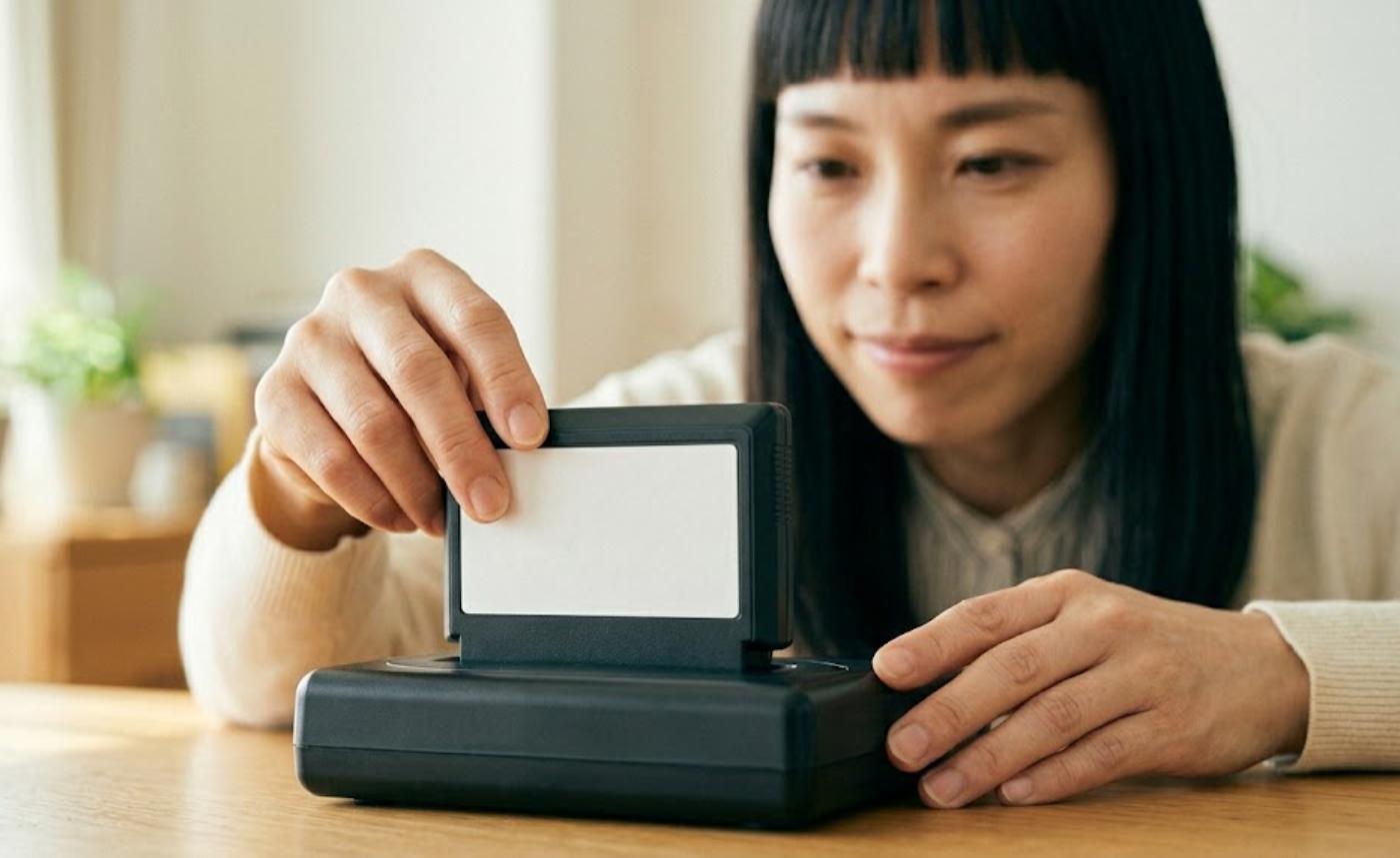 カセット式の吸い出し機器にソフトを挿し込む様子