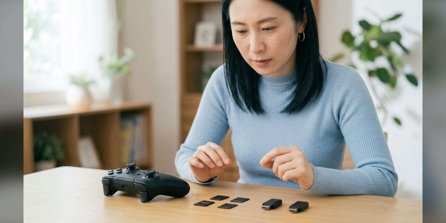 Androidエミュ用のゲームコントローラーとmicroSDカードを並べた様子