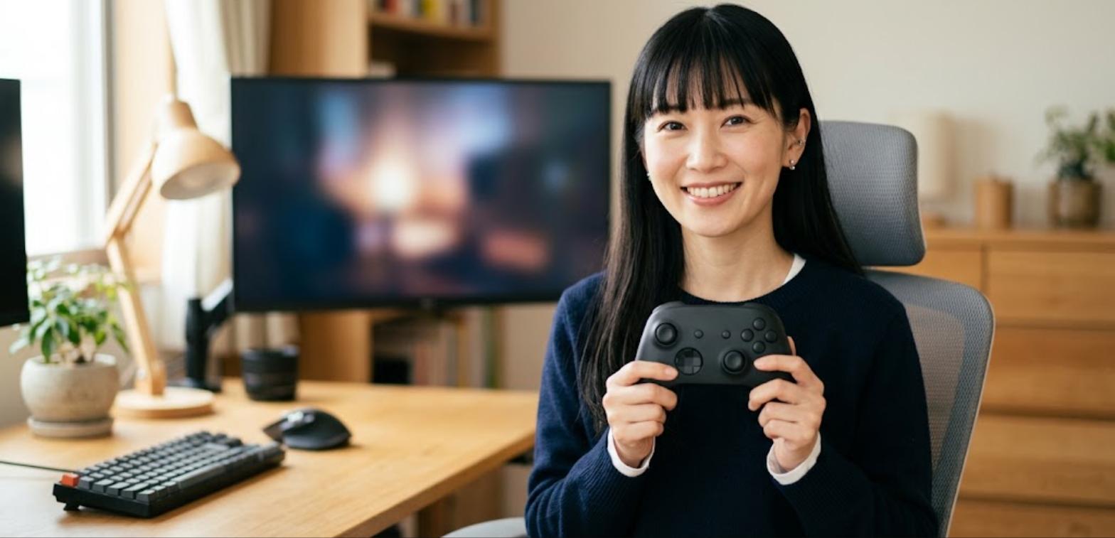 FF11をPCで遊ぶためのゲームパッドを手に持つ女性（FF11 コントローラー おすすめ）