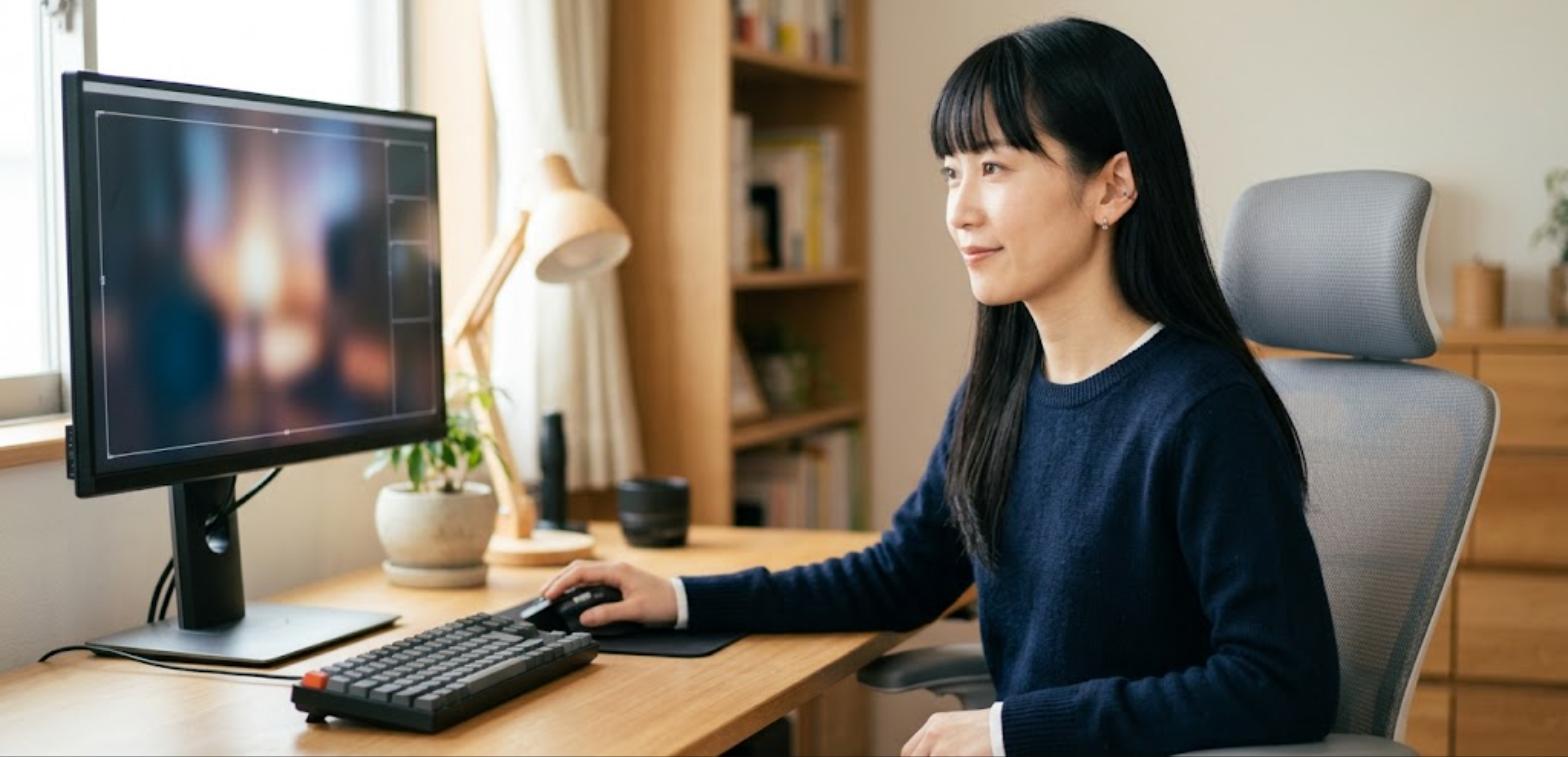 PCのFFXI Configでゲームパッド設定を確認する女性（FF11 コントローラー 設定）