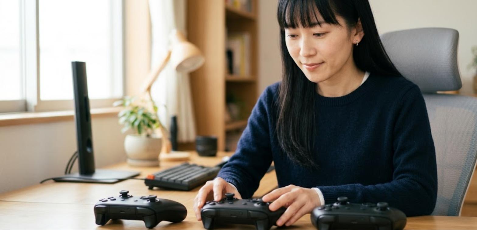 机の上に複数のゲームパッドを並べて比較する女性（FF11 ゲームパッド 比較）