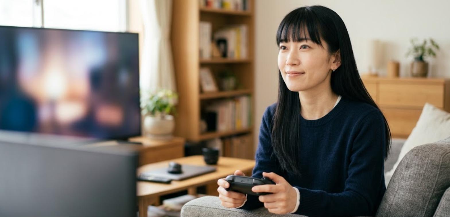 ソファでコントローラーを持ちPCの画面を見る女性（FF11 コントローラー おすすめ）
