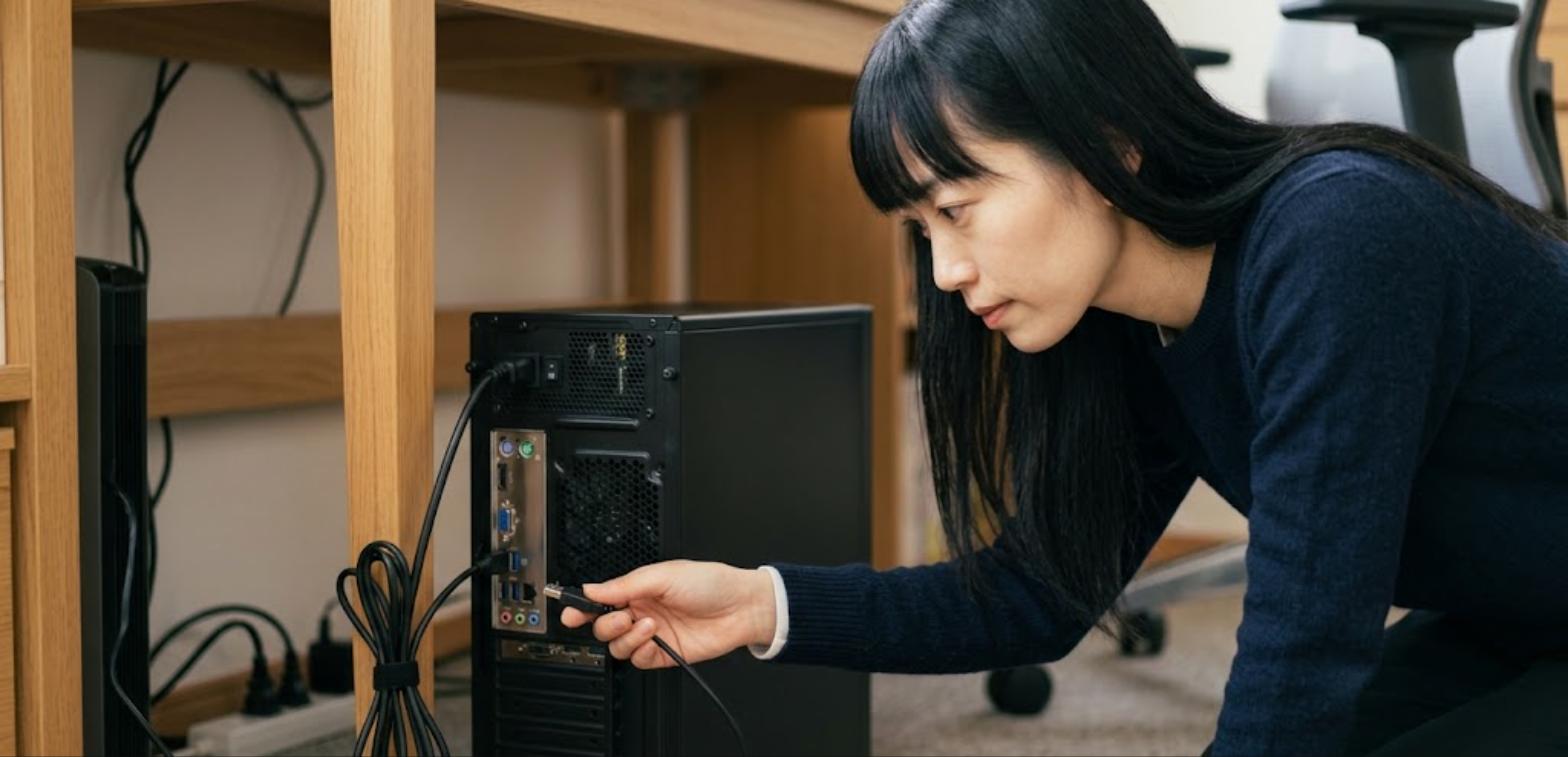 PCのUSB端子にケーブルを差し直してトラブルを解決する女性（コントローラー 認識しない 二重入力）