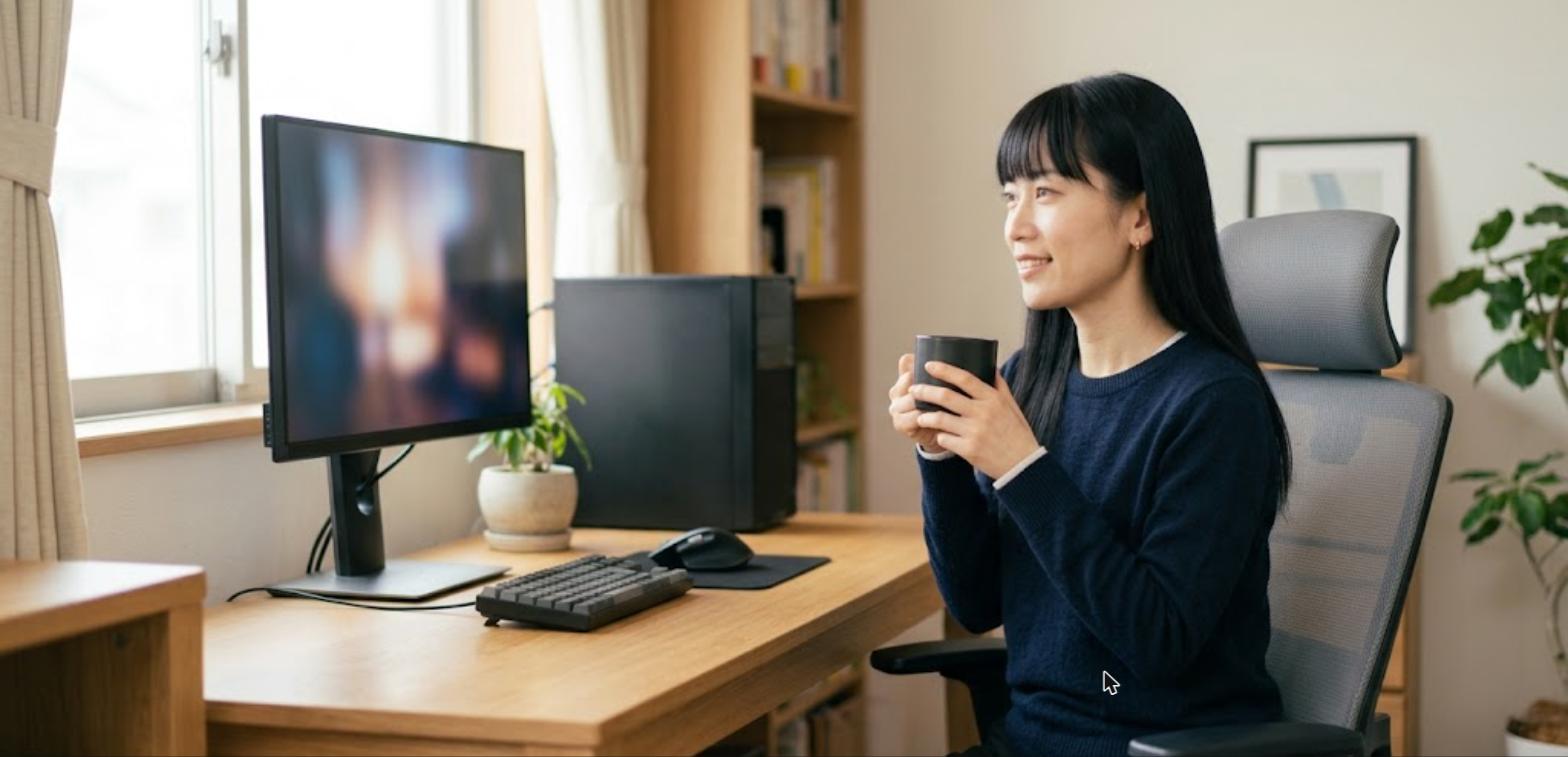 デスクでPCとモニターを前にくつろいでFF11を遊ぶ女性（FF11 PC 環境）