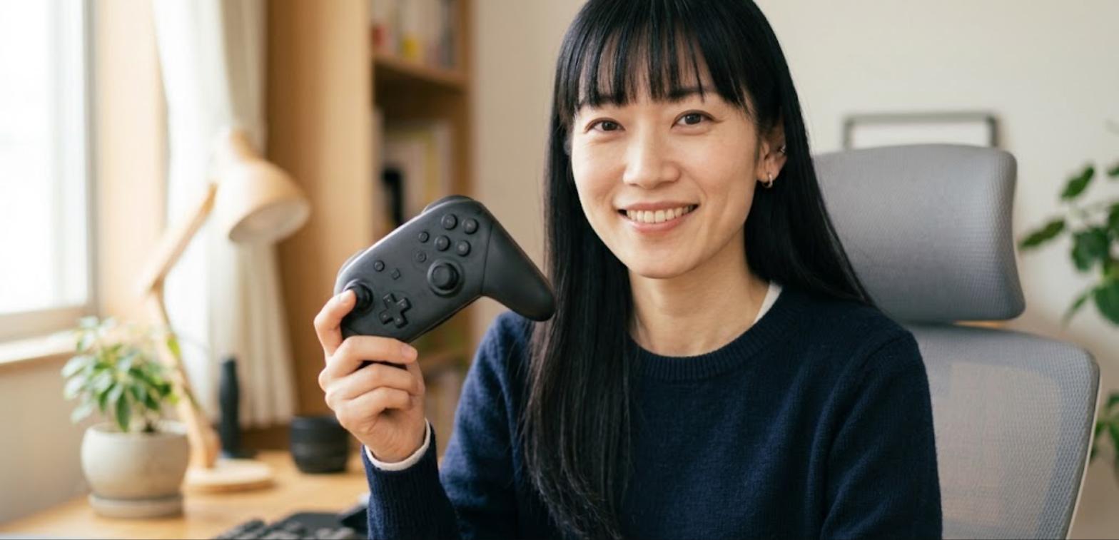 コントローラーを手に笑顔でこちらを見る女性（FF11 コントローラー まとめ）