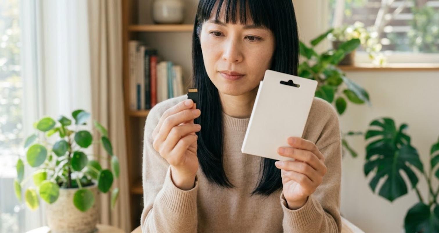 microSDカードのパッケージを見比べる女性