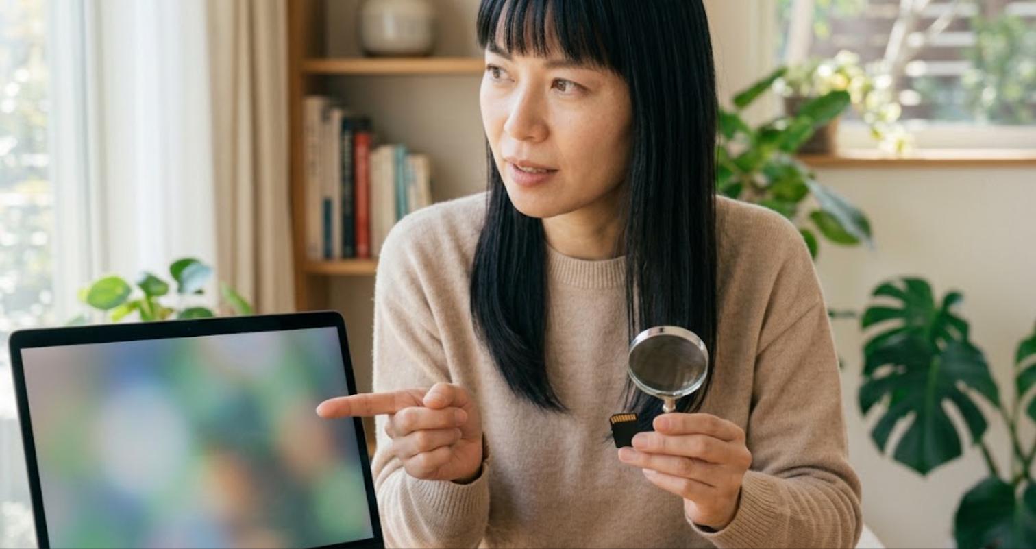SDカードの速度規格を指さして説明する女性