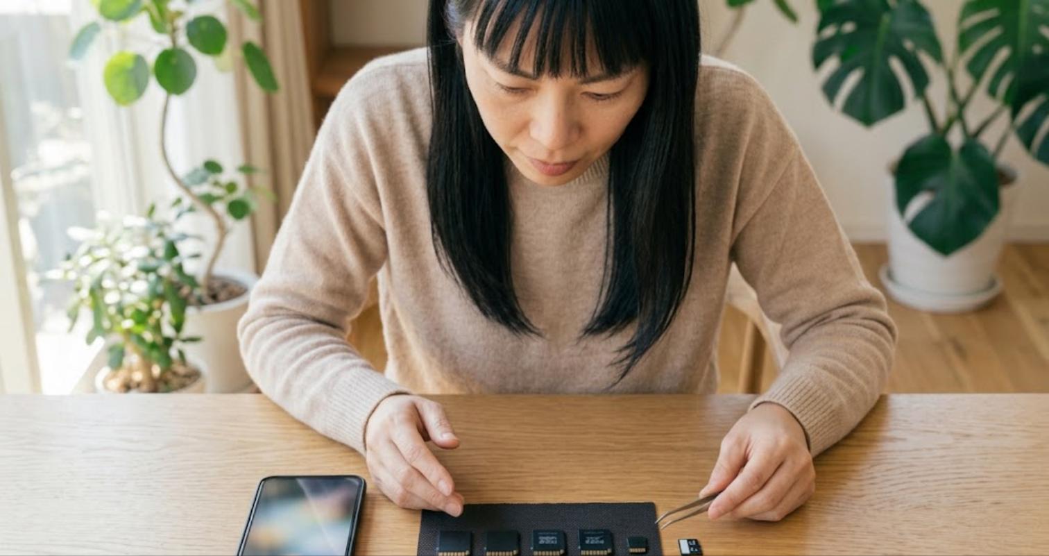 スマホと複数のmicroSDカードを机に並べて比較している女性