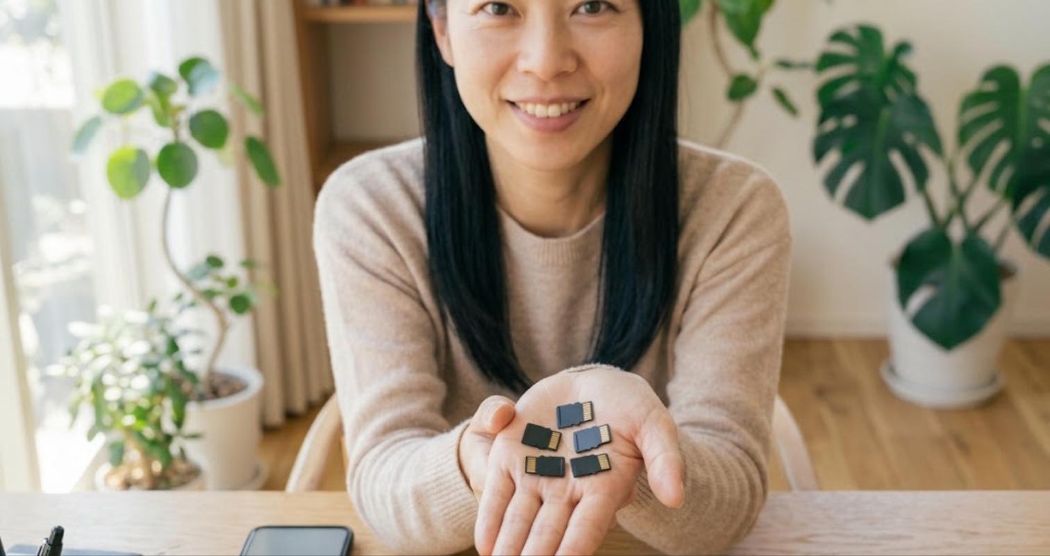 おすすめのmicroSDカードを手のひらに並べて紹介する女性