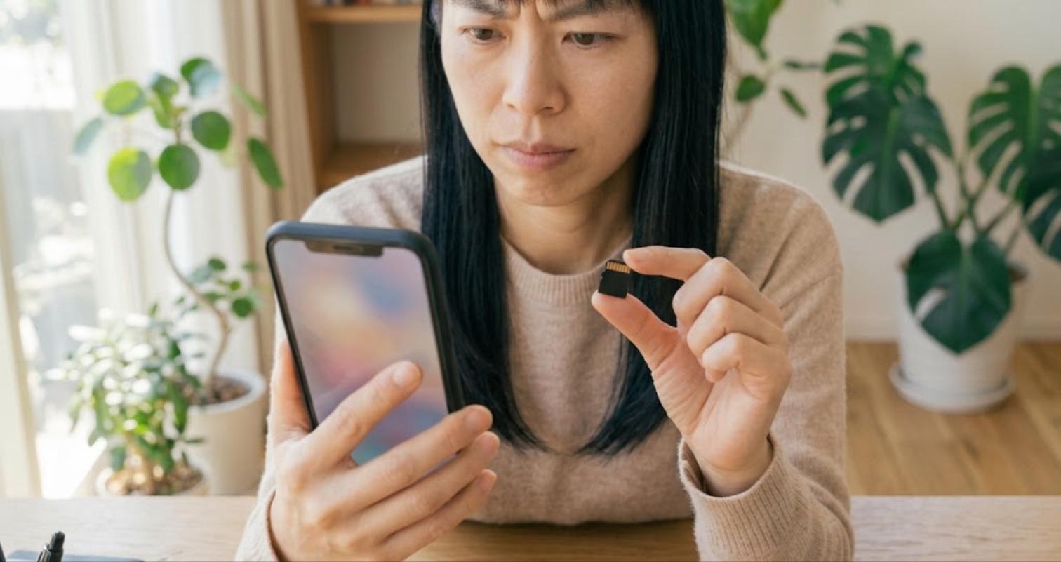 スマホでレビューを確認しながら警戒する表情の女性