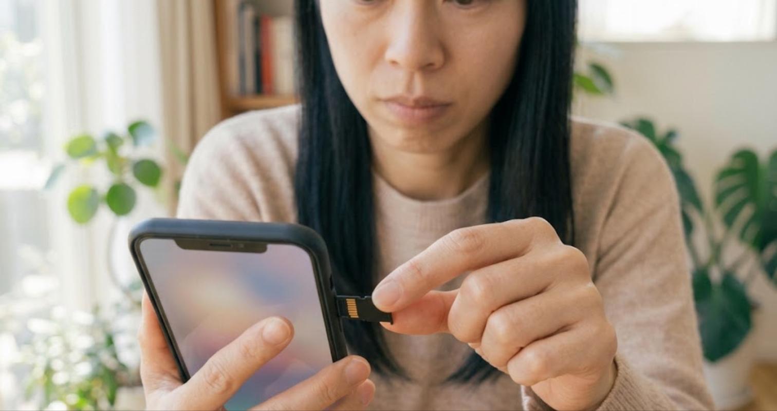 Android端末にmicroSDカードを挿入している女性
