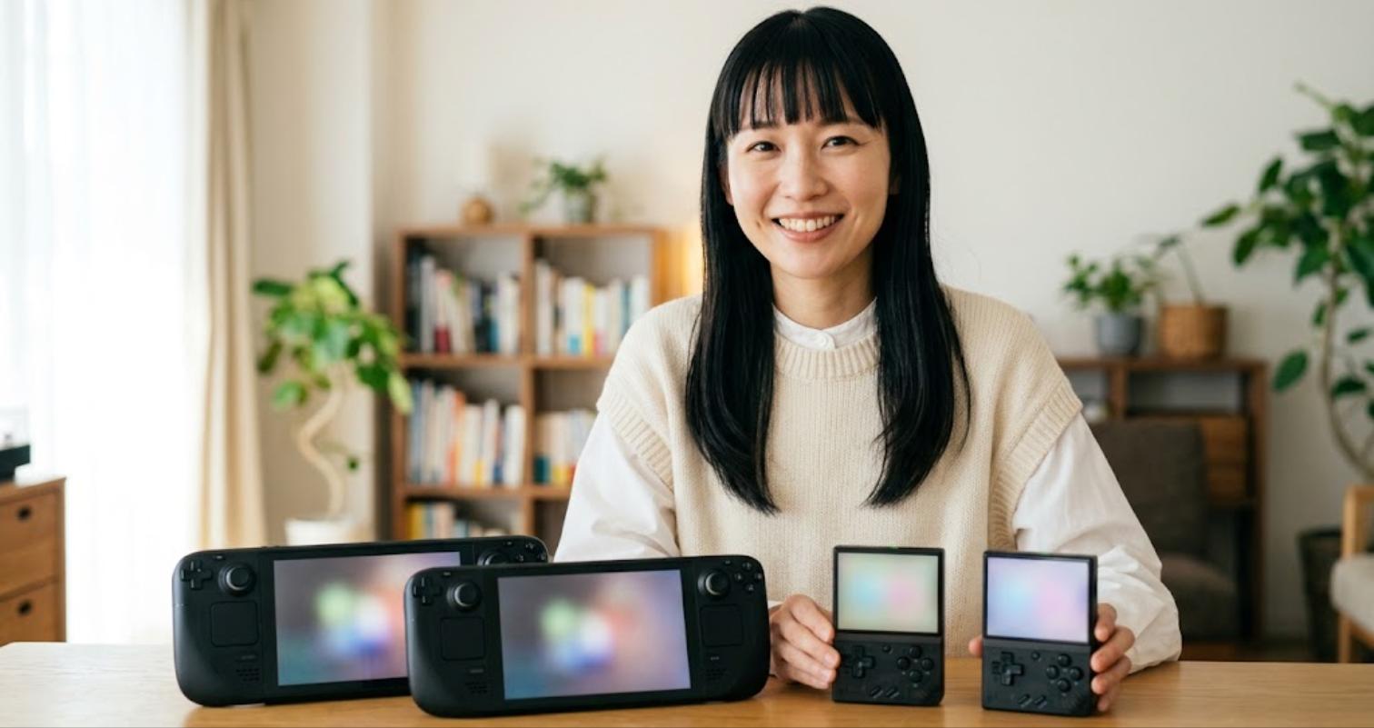 中華ゲーム機4機種(Retroid Pocket・AYN Odin・Anbernic・Miyoo Mini Plus)を机に並べて見せる女性（アイキャッチ）