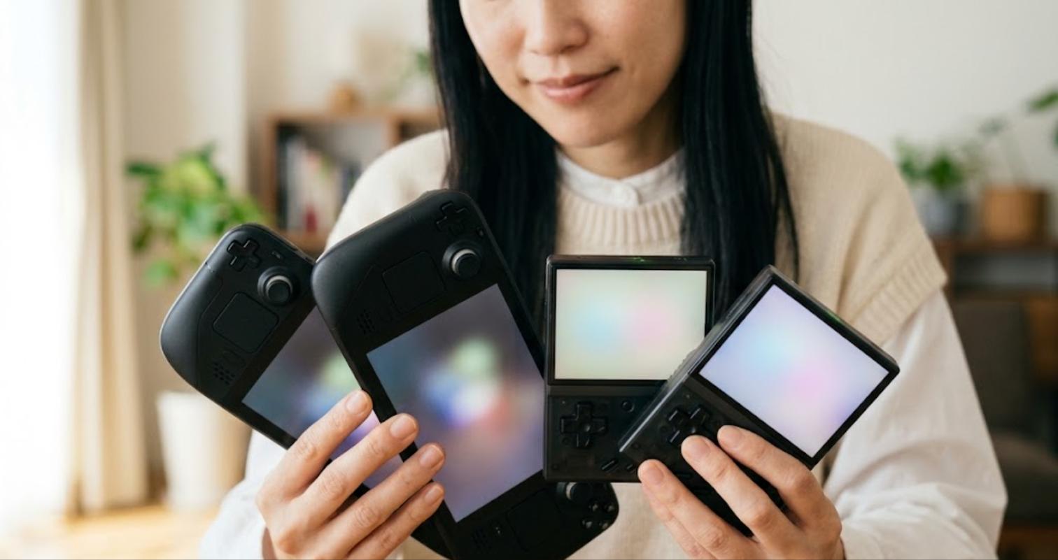 中華ゲーム機4機種を手に取り比較しながら選んでいる様子