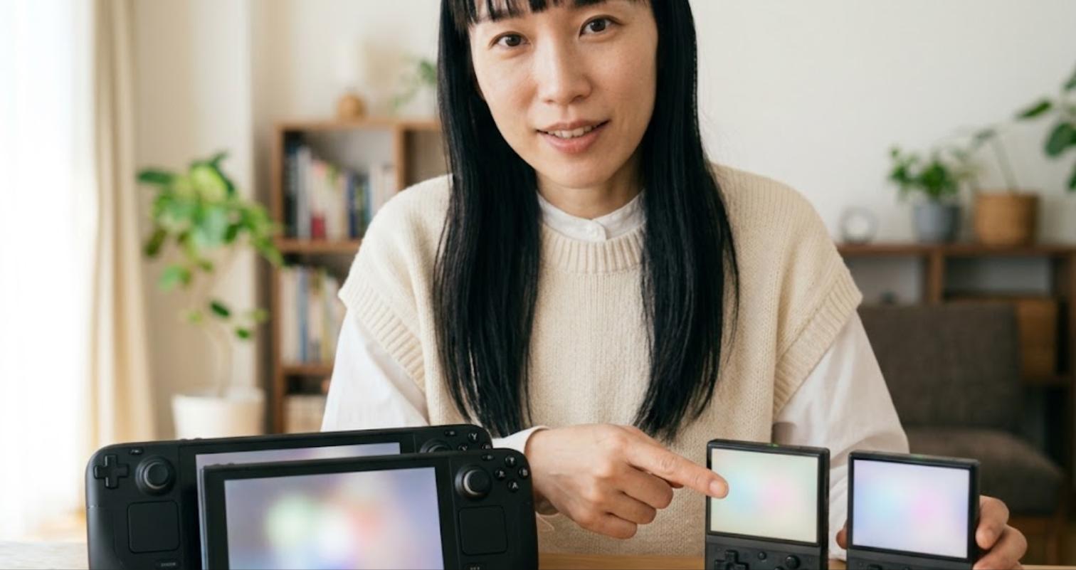 Android系とLinux系の中華ゲーム機の違いを指差し説明する女性