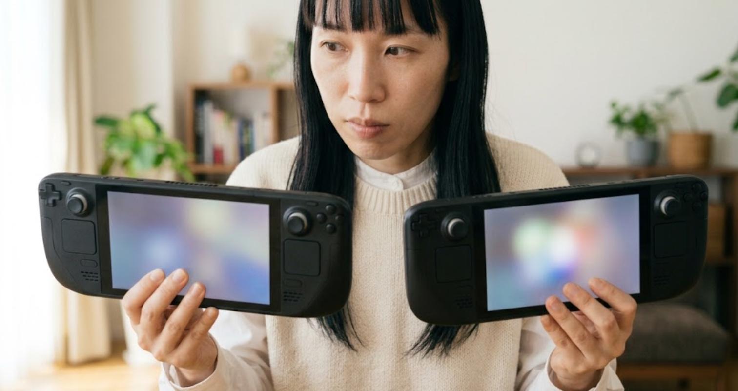 Retroid Pocket 6とAYN Odin 2 Portalを両手に持ち見比べる女性