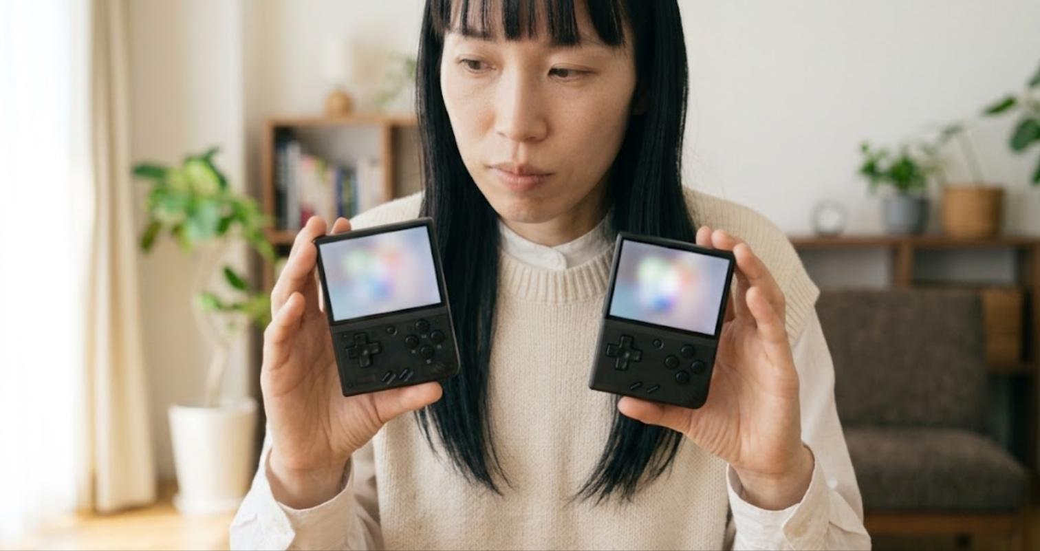 Anbernic RG35XX HとMiyoo Mini Plusを両手に持ち見比べる女性