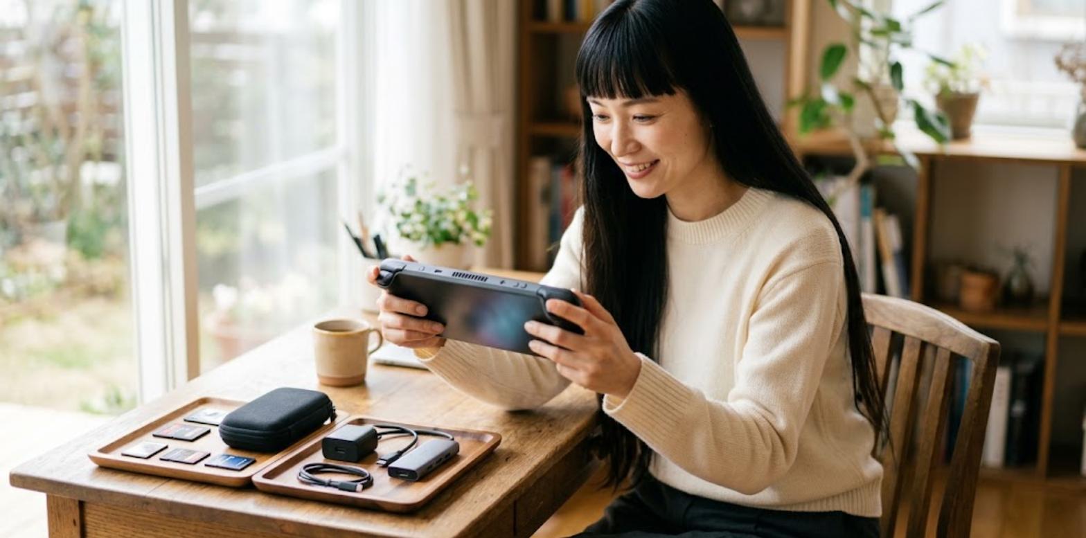 中華ゲーム機の周辺機器を机に並べて比較する様子（アイキャッチ）