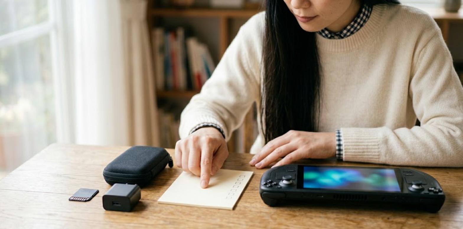 中華ゲーム機の周辺機器チェックリストを確認する様子
