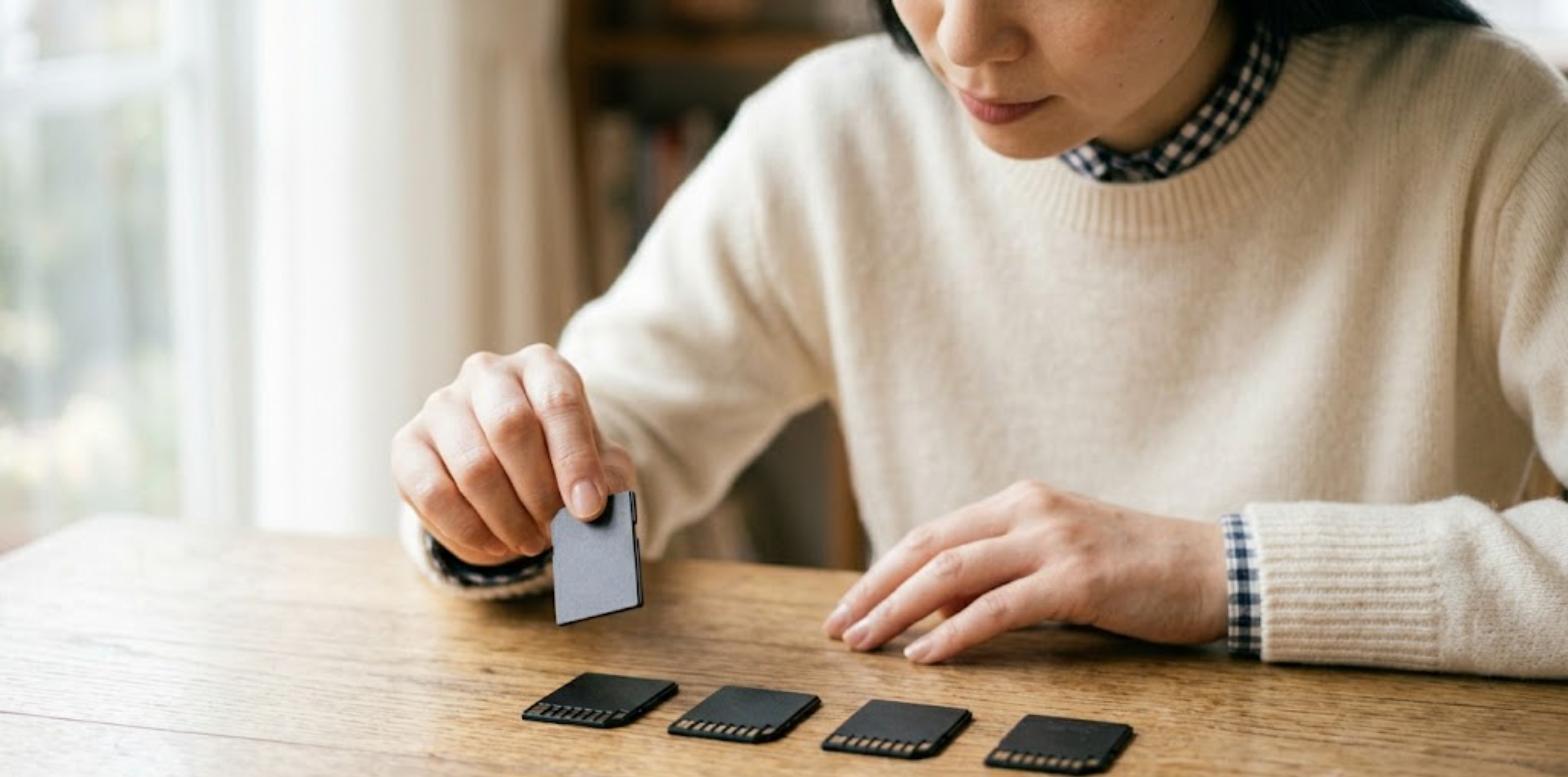 microSDカードの規格表記を見比べる様子