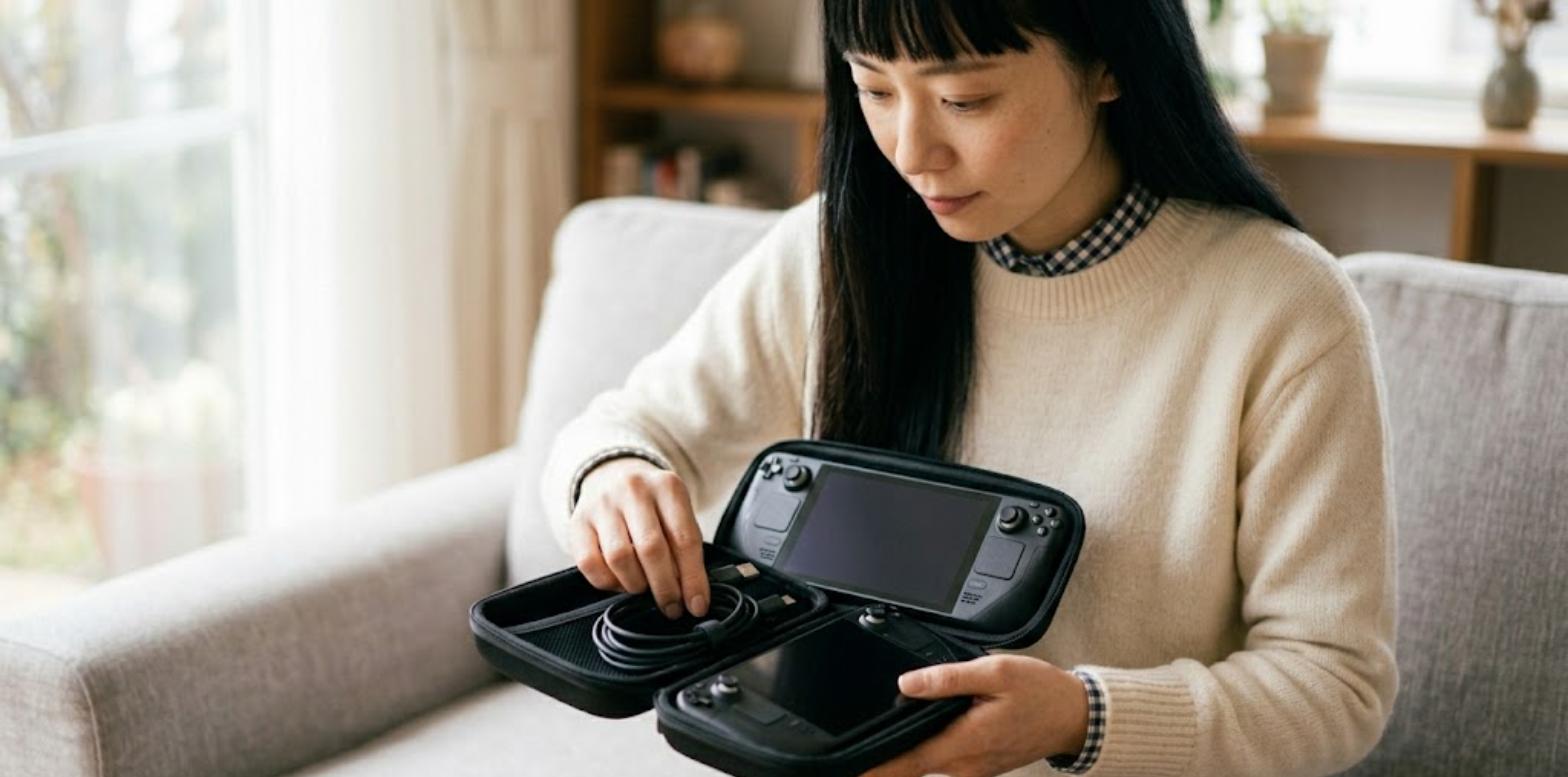 携帯ゲーム機を収納ケースに入れる様子