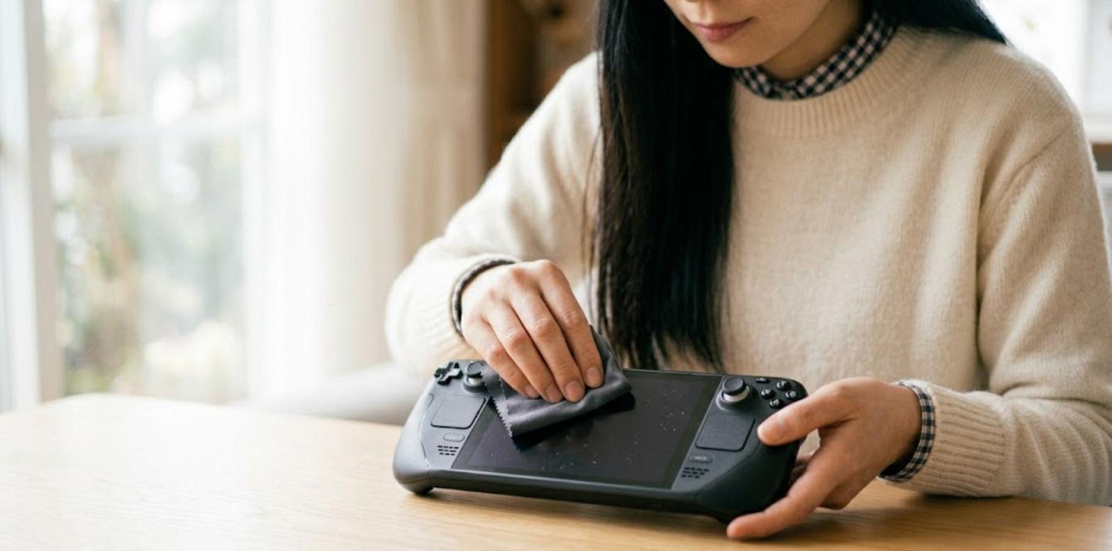 携帯ゲーム機の画面を清掃する様子