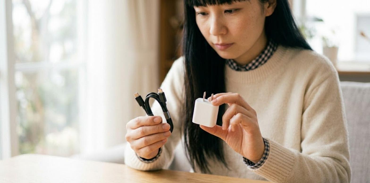USB-C充電器とケーブルを確認する様子