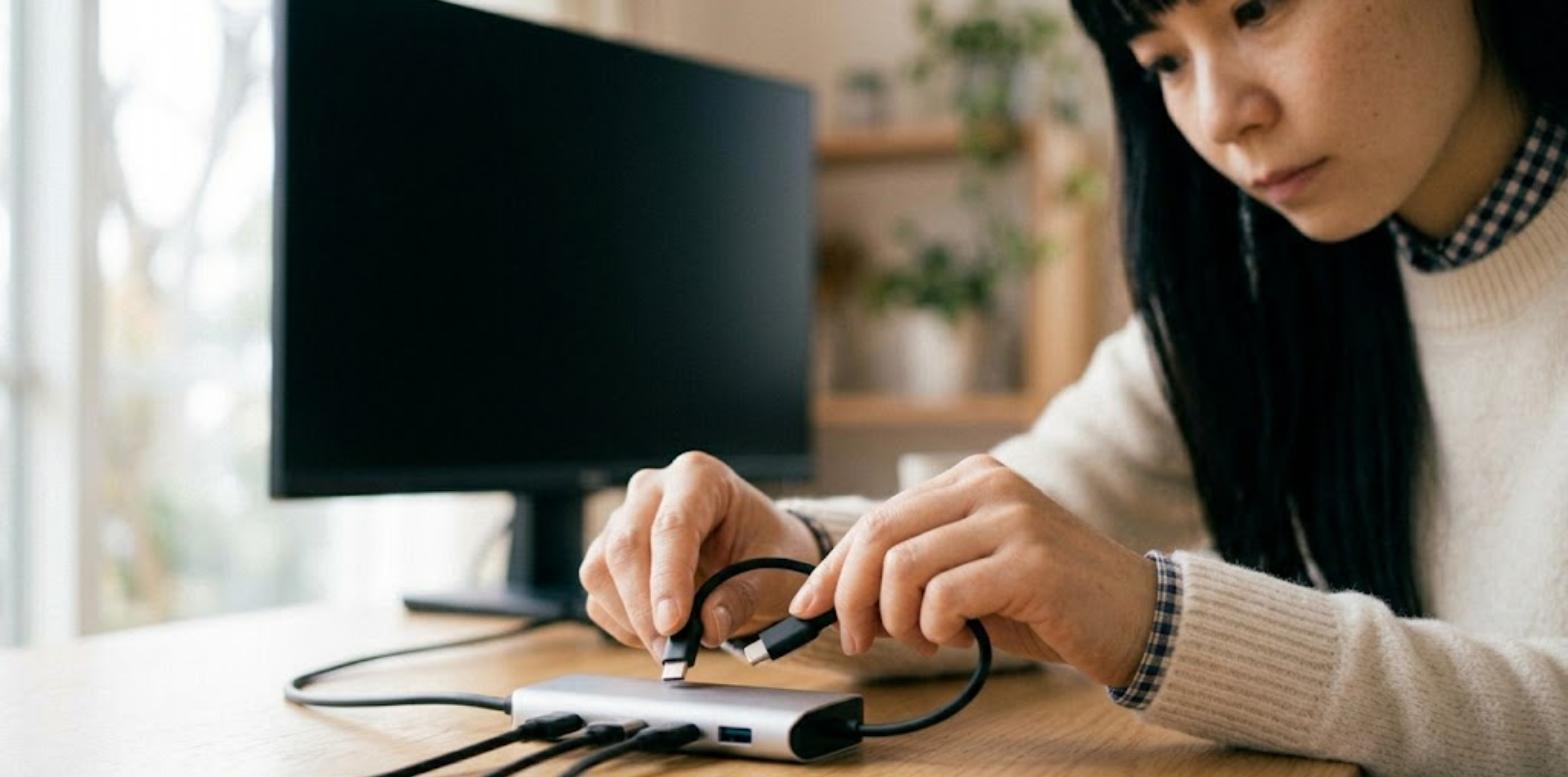 USB-C OTGハブにケーブルを接続する様子