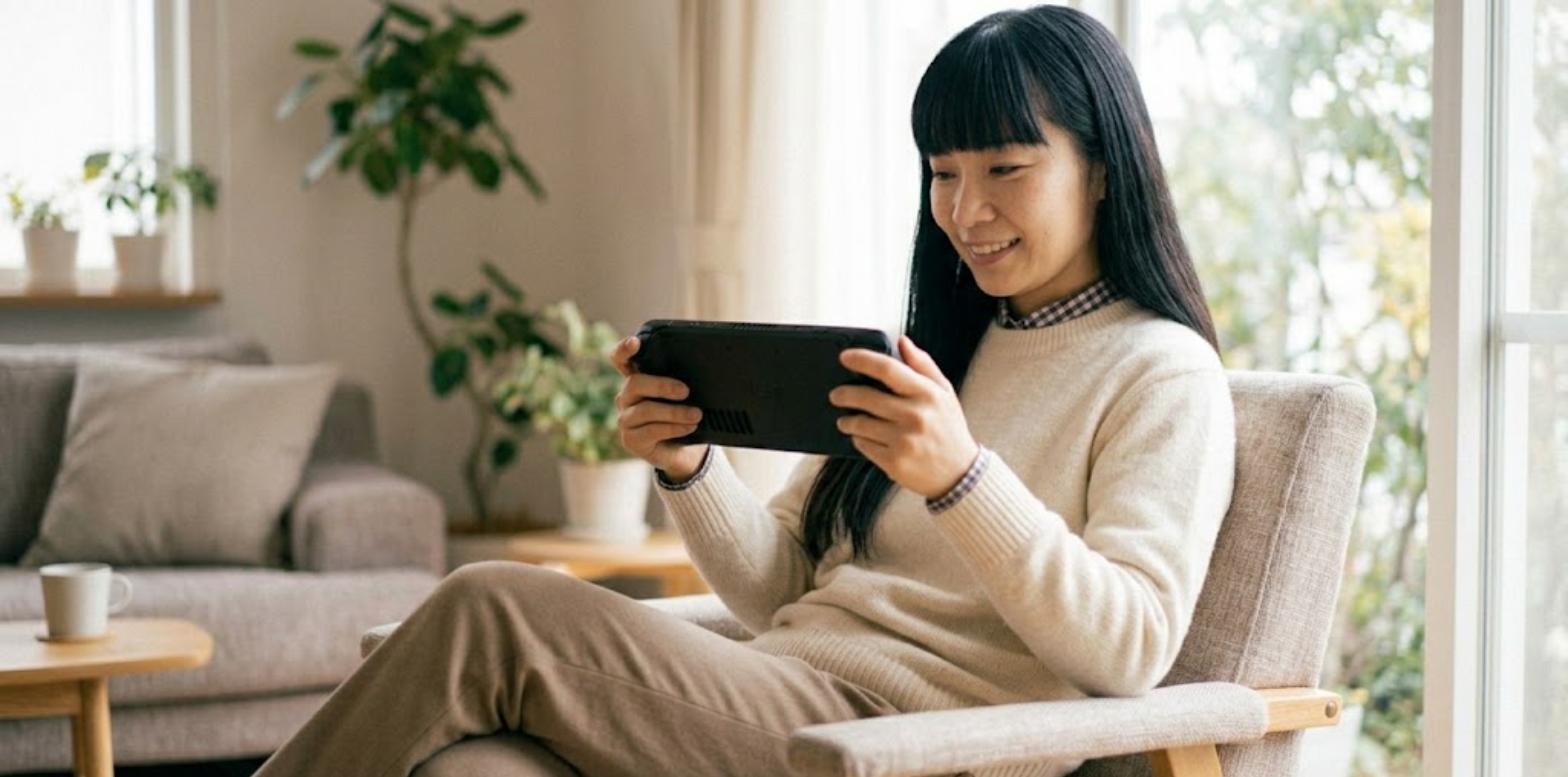 周辺機器を揃えて携帯ゲーム機を快適に遊ぶ様子