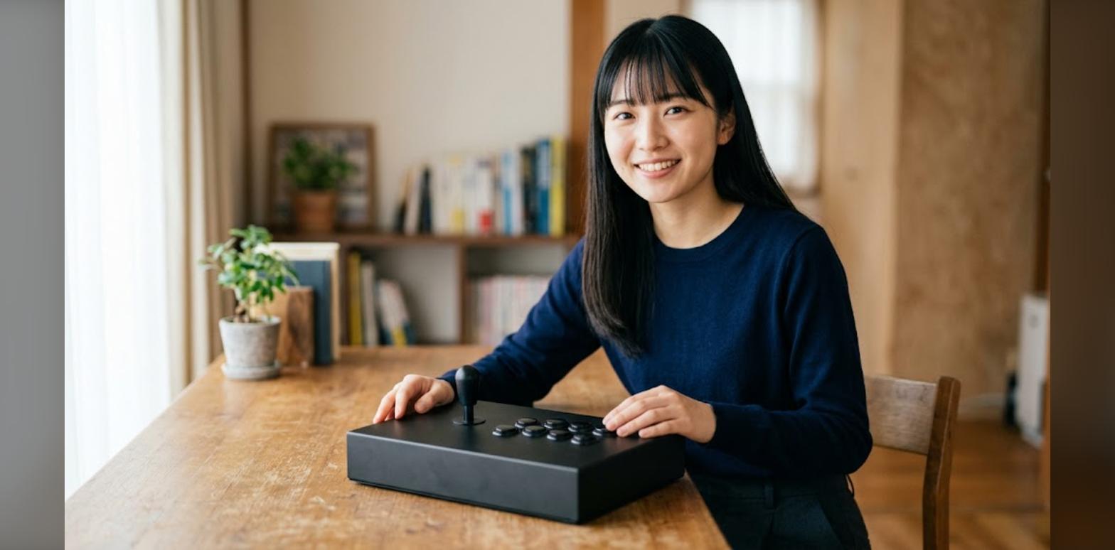 レトロゲーム・エミュ用アーケードスティック（アケコン）を机に置いて構える様子