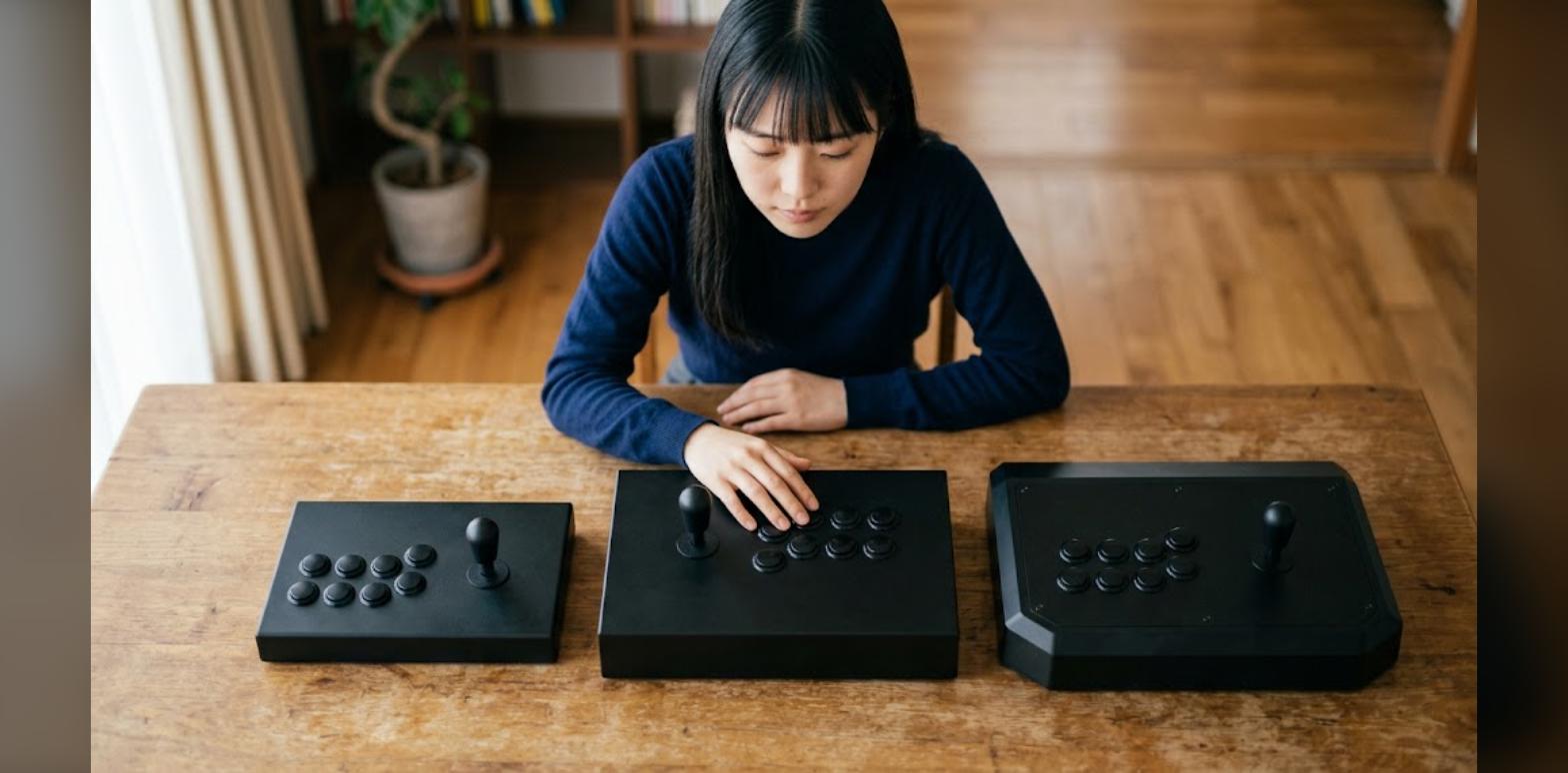 レトロゲーム用アケコンを複数並べて比較している様子