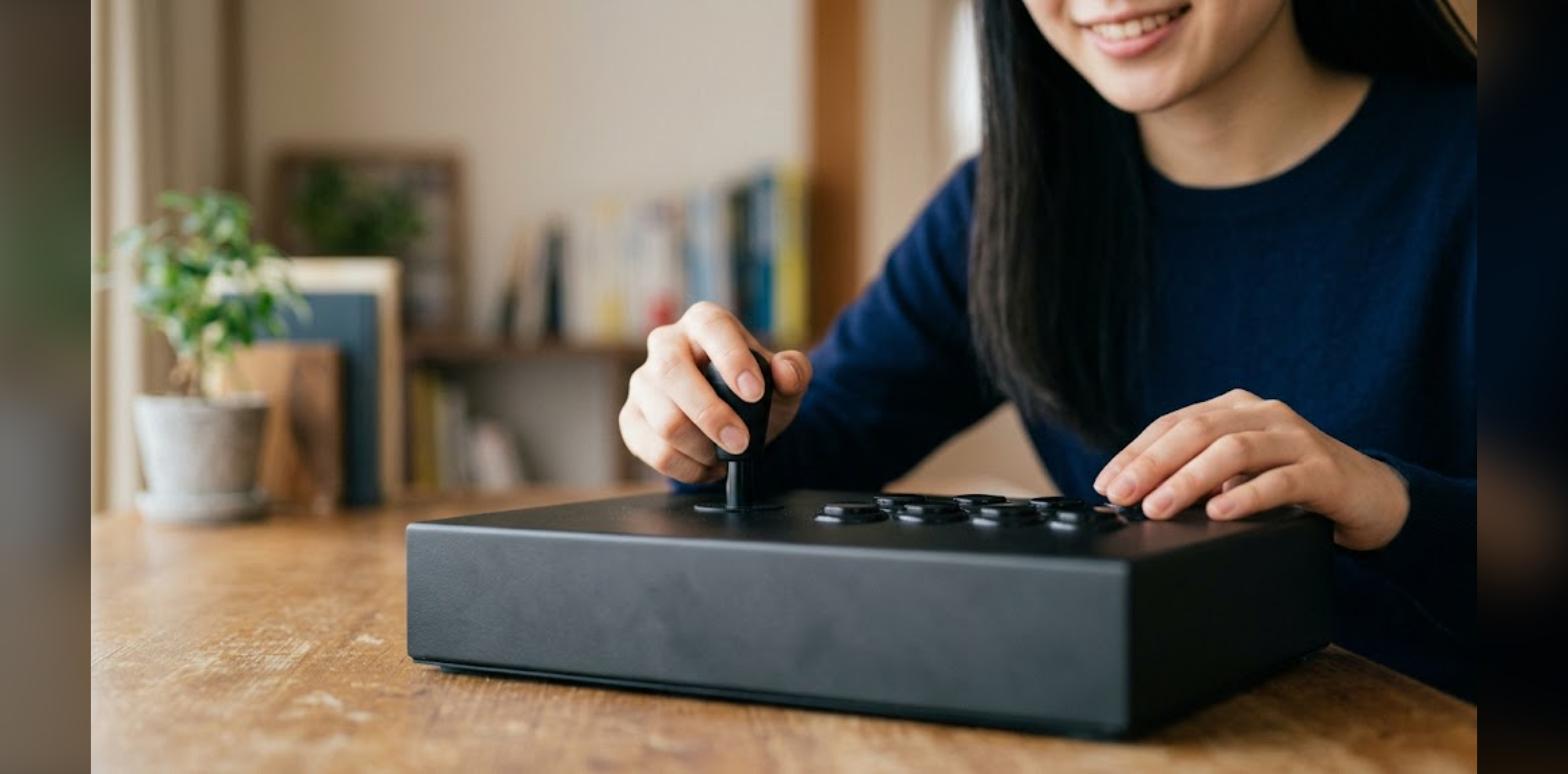 アケコンのレバーを操作している手元
