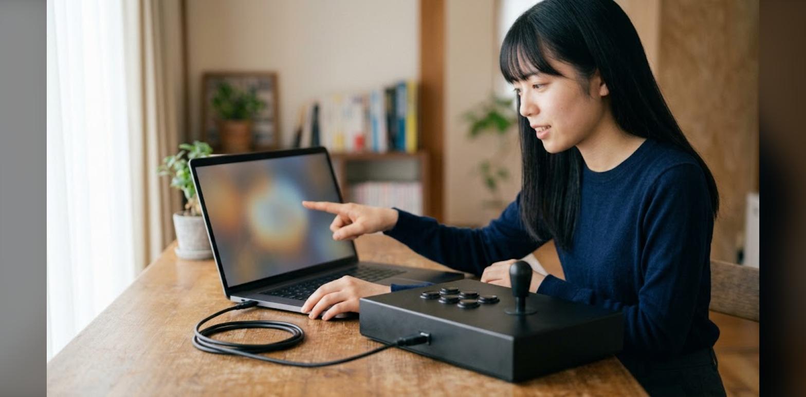 PCでアケコンの接続方式を確認している様子