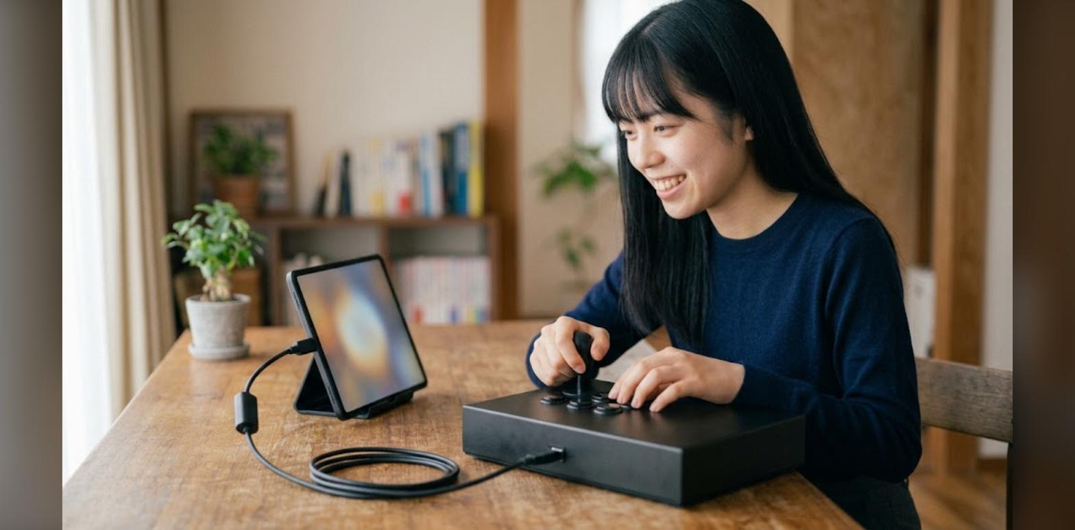 AndroidスマホにUSBでアケコンを接続して遊んでいる様子