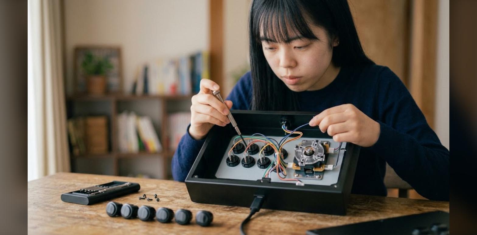 アケコンの天板を開けてレバーとボタンの交換作業をしている様子