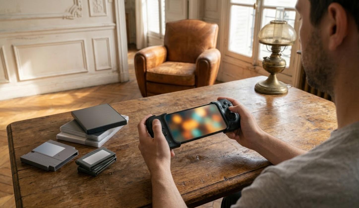 Jouer à des jeux rétro sur un smartphone Android fixé dans une manette télescopique