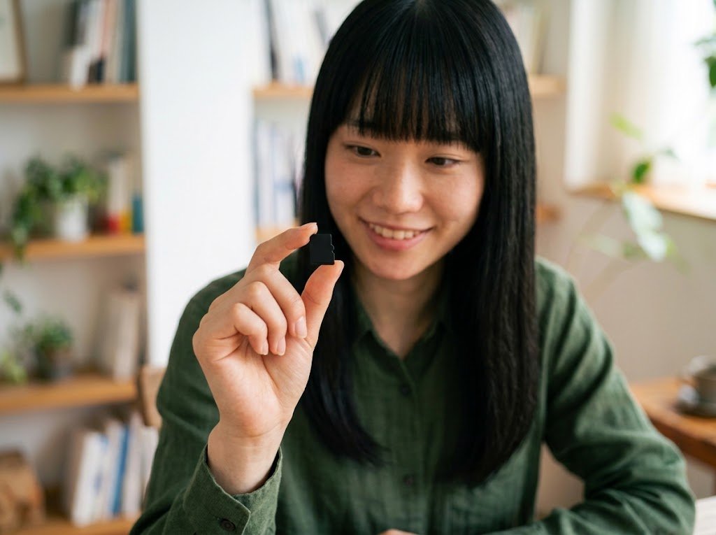 microSDカードの速度クラス表記を確認する様子
