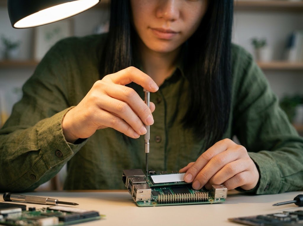 ミニPCにM.2 SSDを取り付ける様子