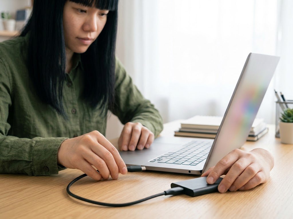 ポータブルSSDをPCに接続する様子