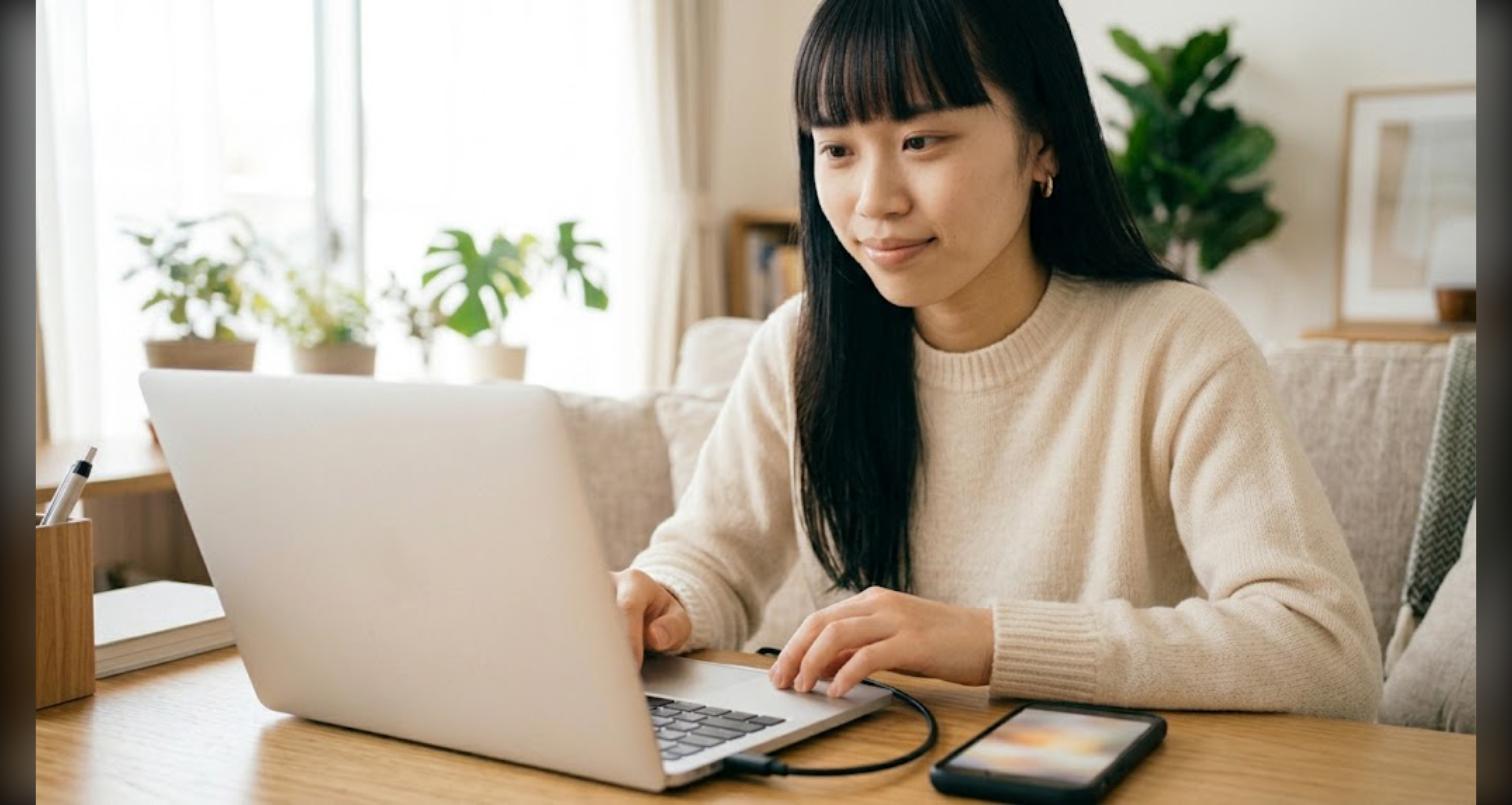 スマートフォンのセーブデータをパソコンへバックアップしている様子