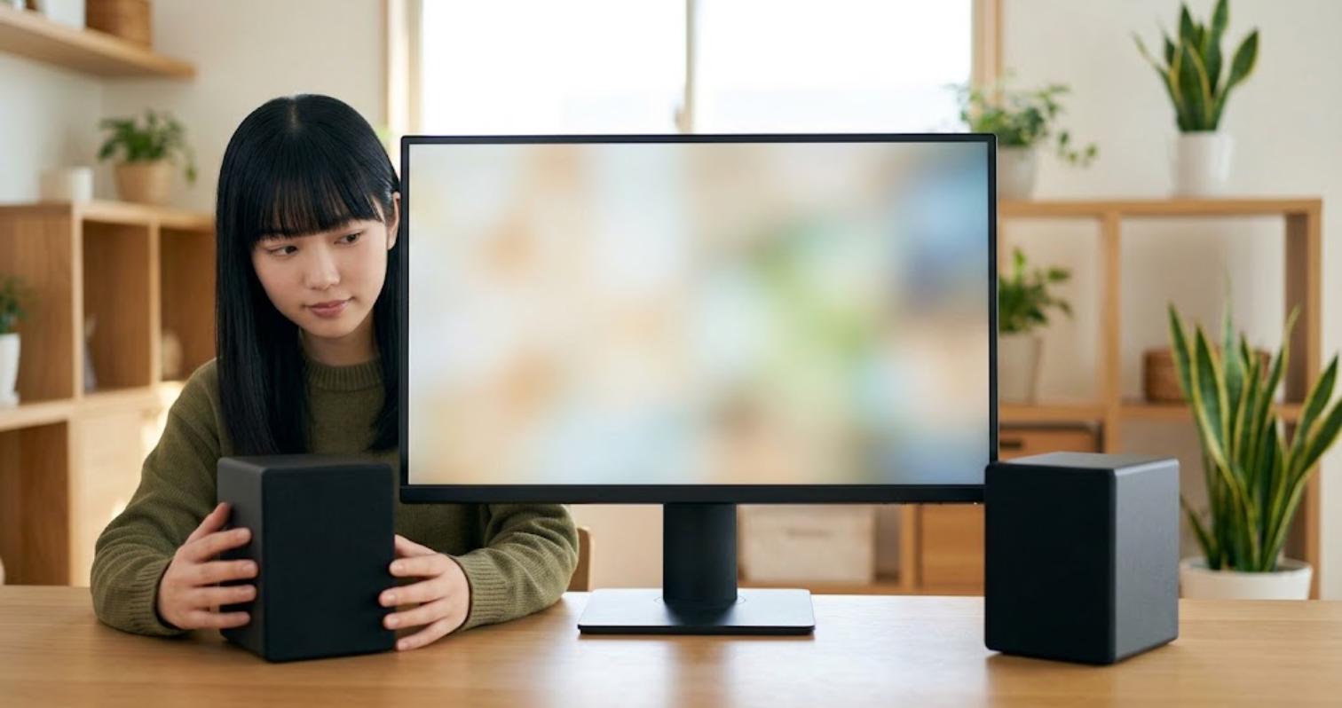 モニターの前に外部スピーカーを設置して音質を改善する(モニター 音が悪い)