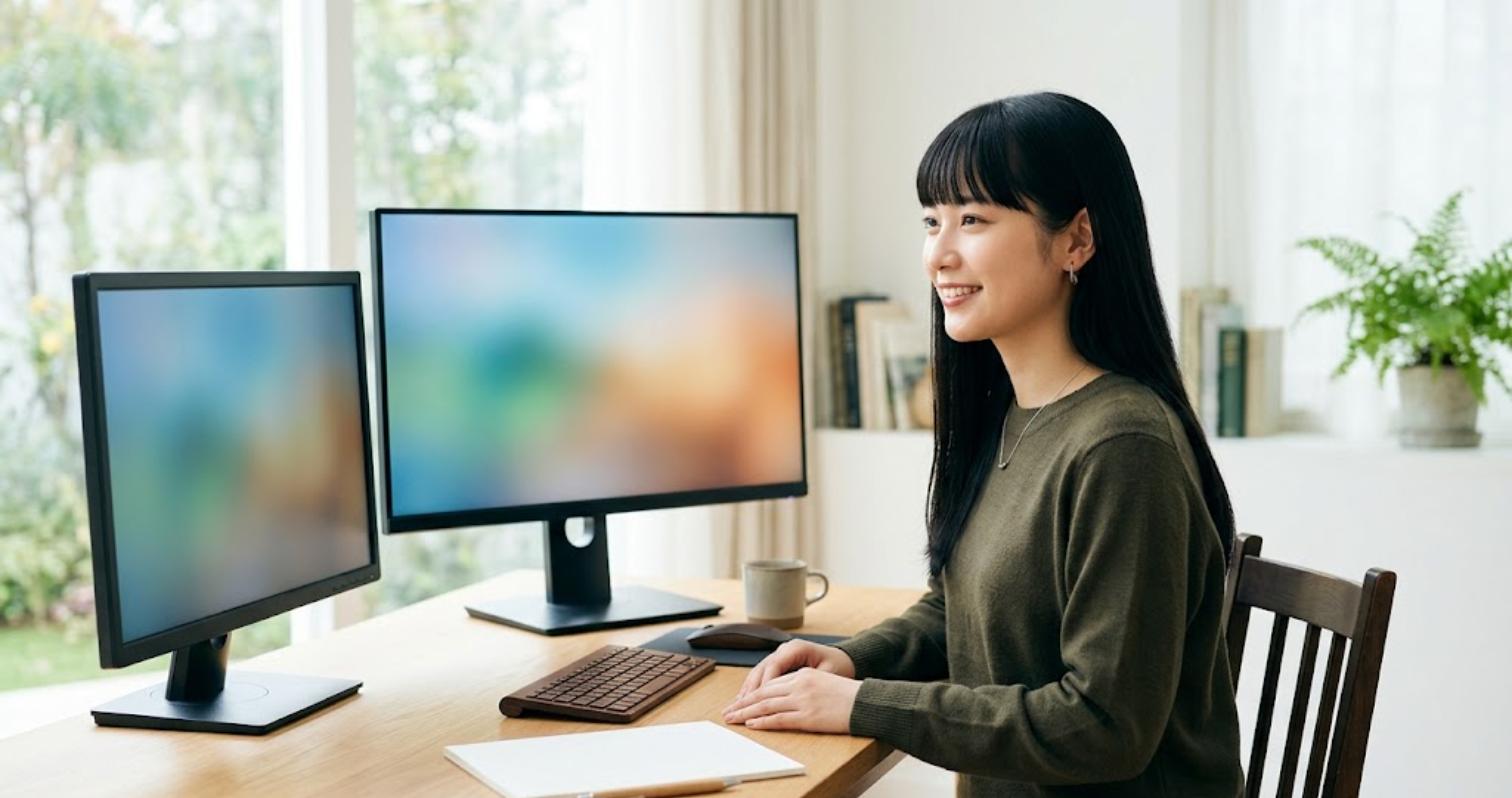 予算別にゲーミングモニターを見比べる女性（ゲーミングモニター おすすめ 予算別）
