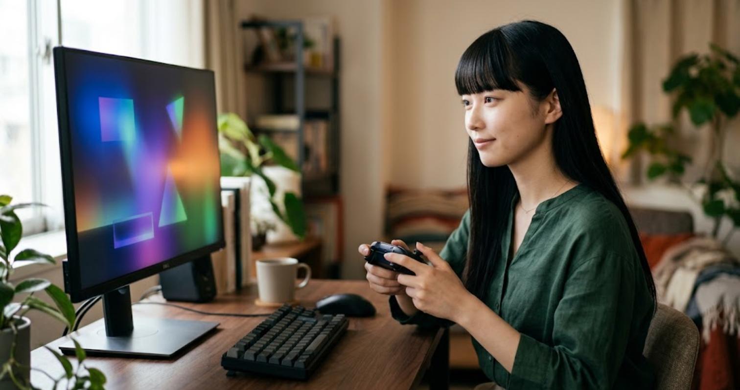 PS5のHDR設定を画面を見ながら確認する女性（ps5 hdr 設定）